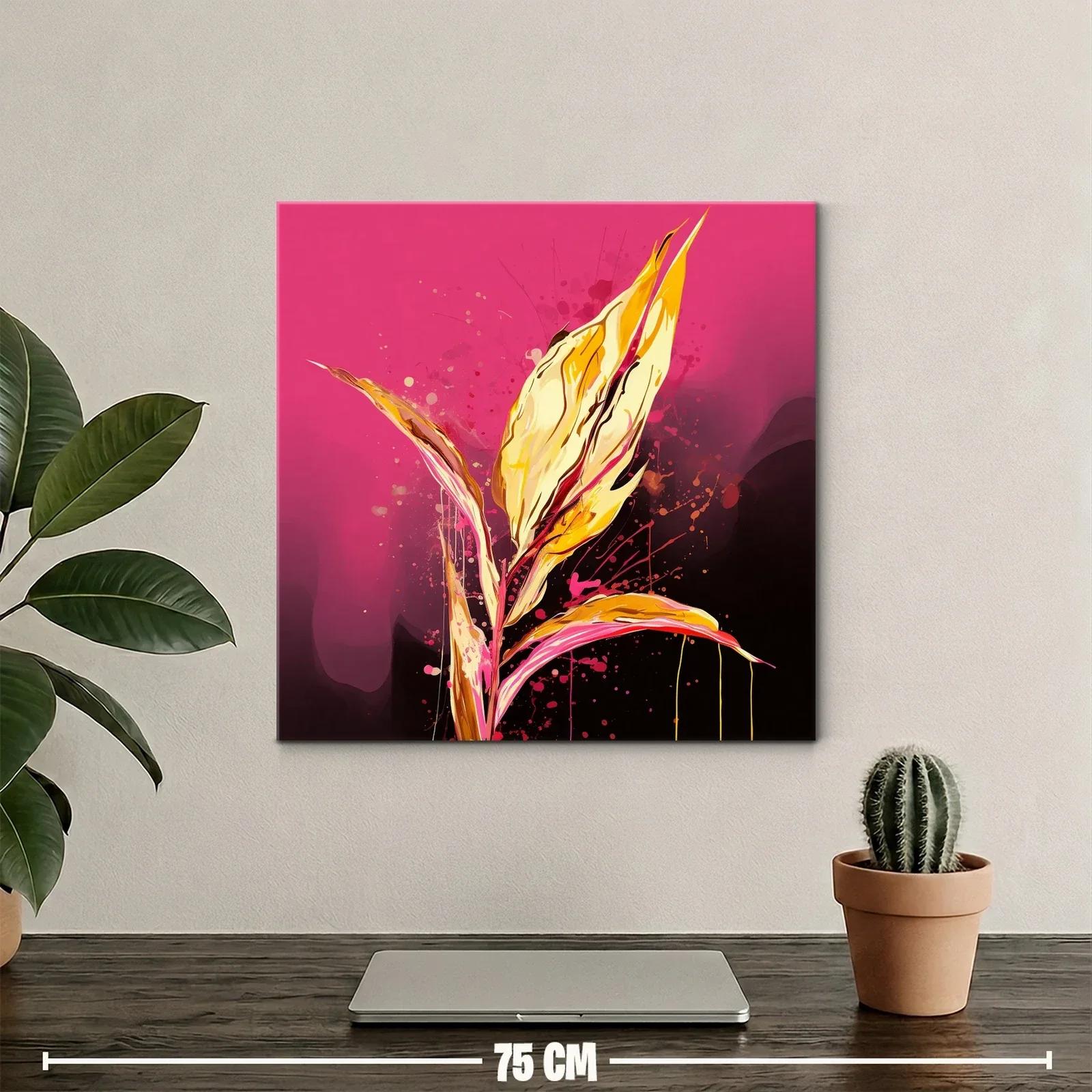 Cuadro abstracto con hojas vibrantes en tonos dorados y rosa — miniatura 2
