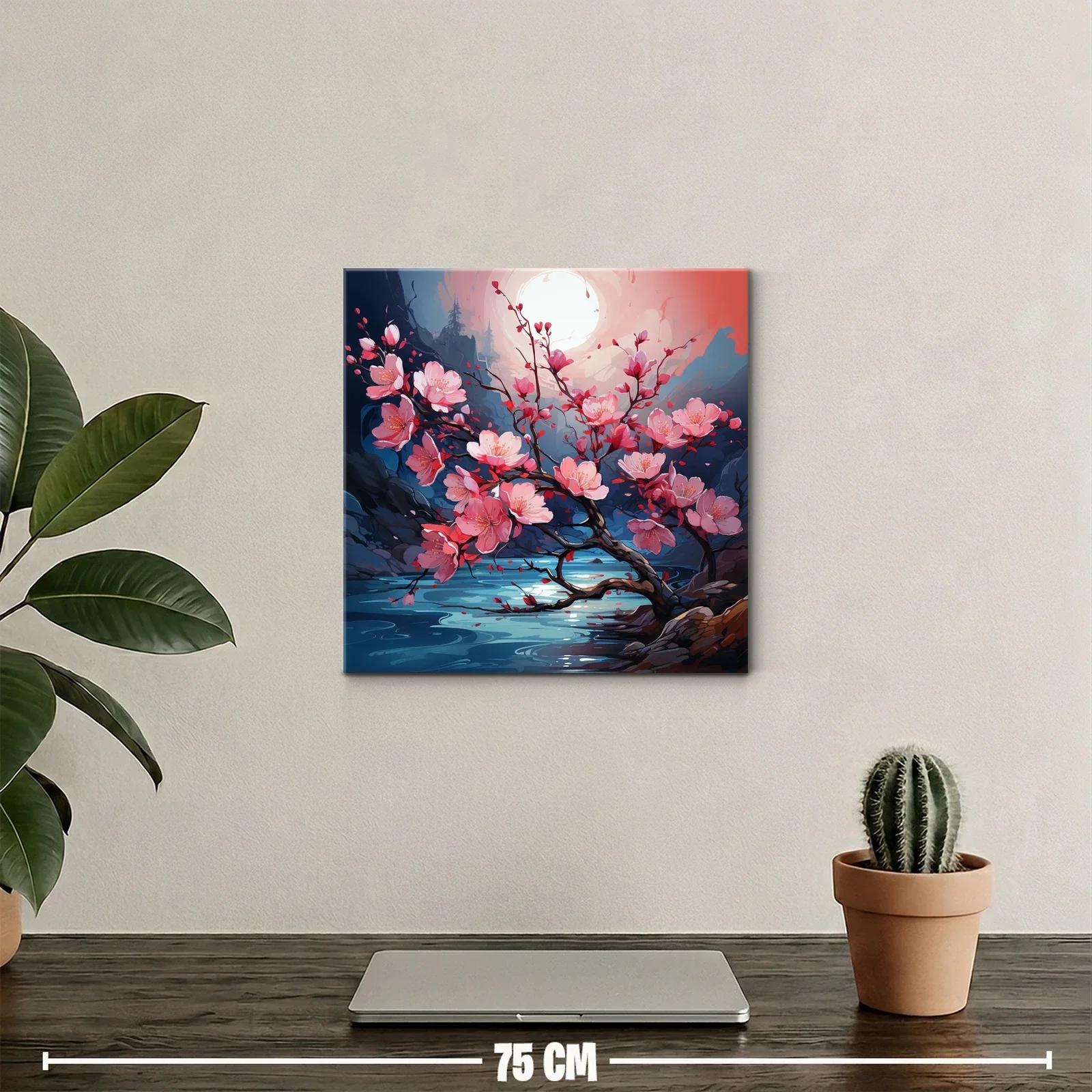 Rama de flores rosas bajo la luna en paisaje sereno — miniatura 2