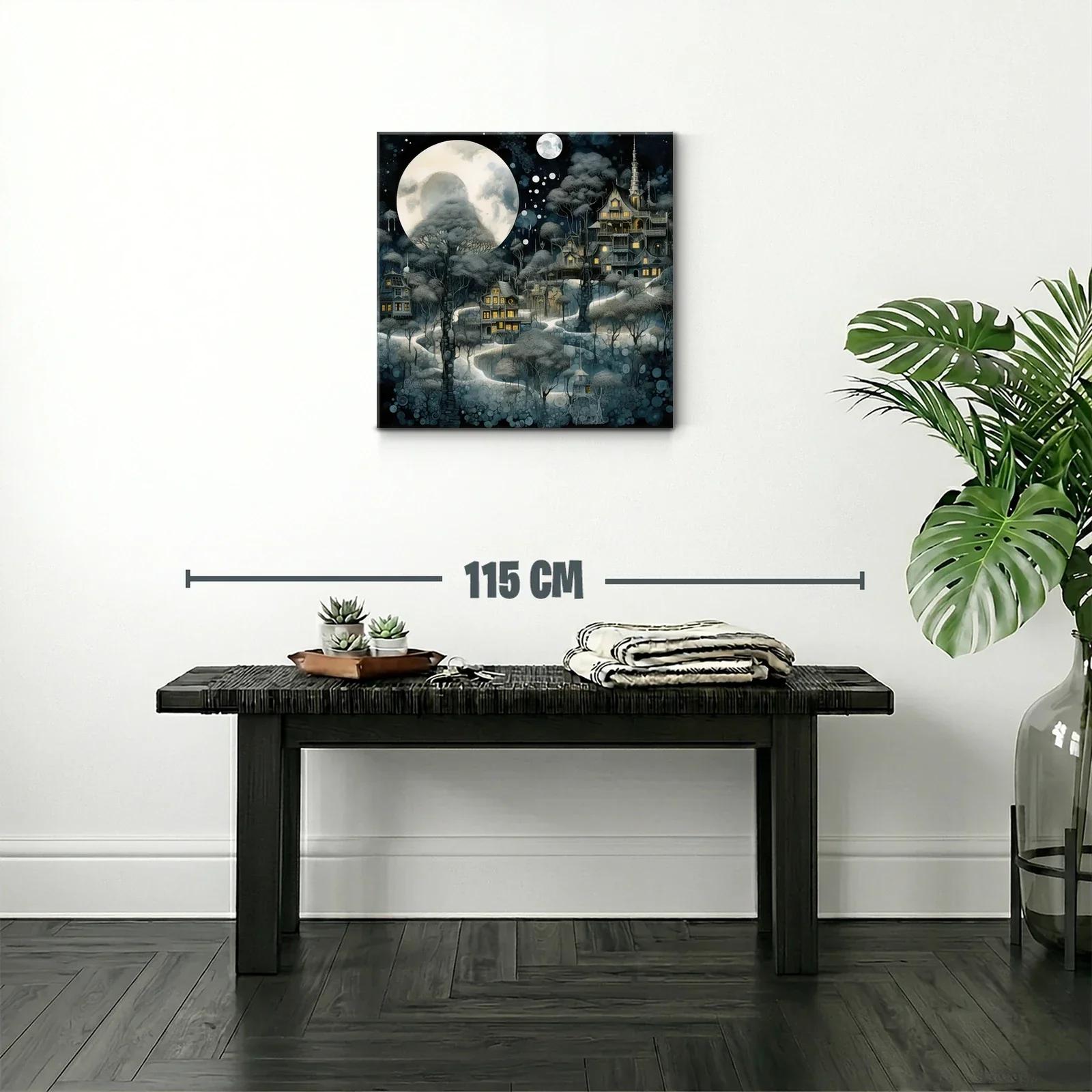 Pueblo encantado bajo la luna llena y árboles del bosque — miniatura 2