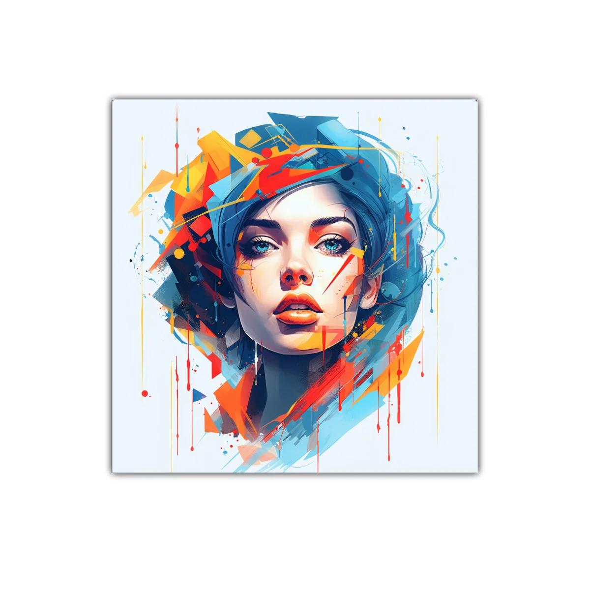 Rostro femenino vibrante con trazos abstractos coloridos