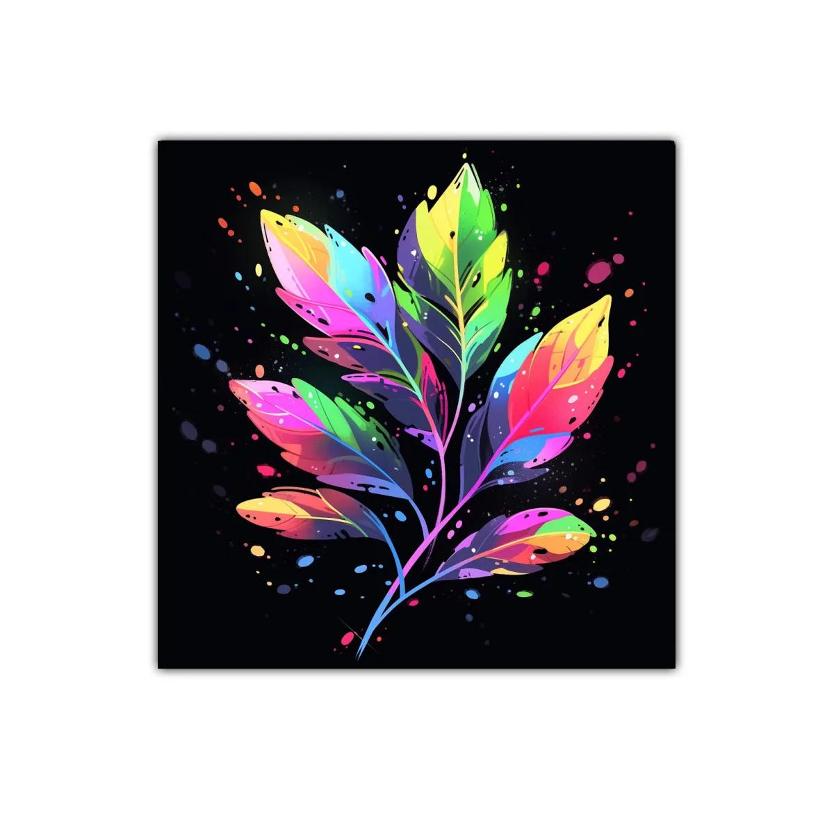 Cuadro decorativo con hojas multicolor sobre fondo negro — imagen principal
