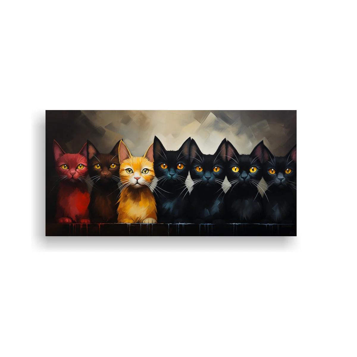 Cuadro de gatos alineados con un gato naranja