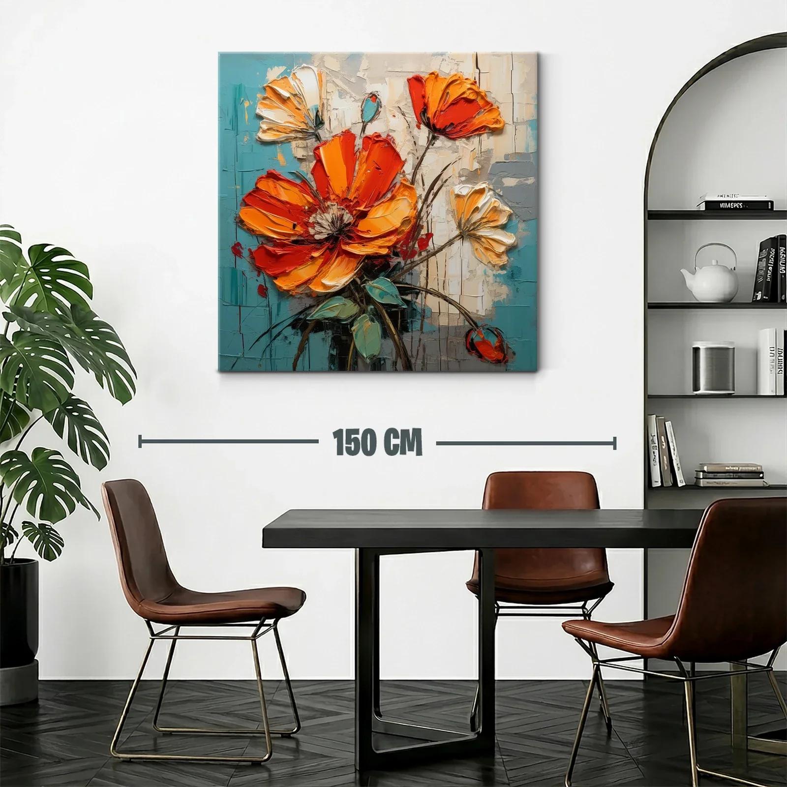 Cuadro floral con vibrantes tonos naranja y turquesa — miniatura 2
