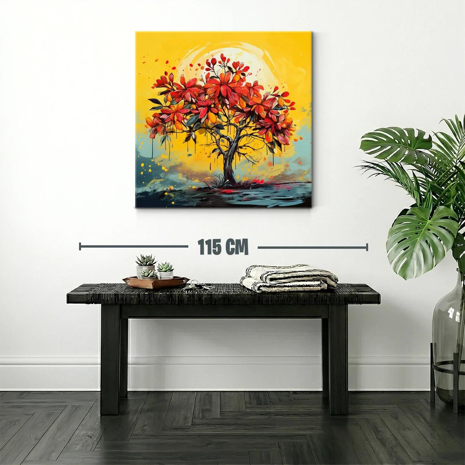 Árbol vibrante con flores rojas sobre fondo amarillo cálido — miniatura 2