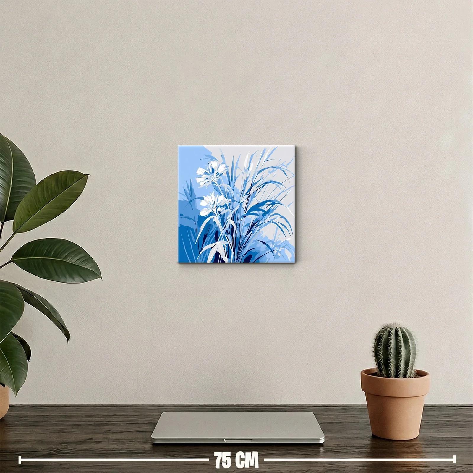 Cuadro decorativo flores y hojas en tonos azules suaves — miniatura 2