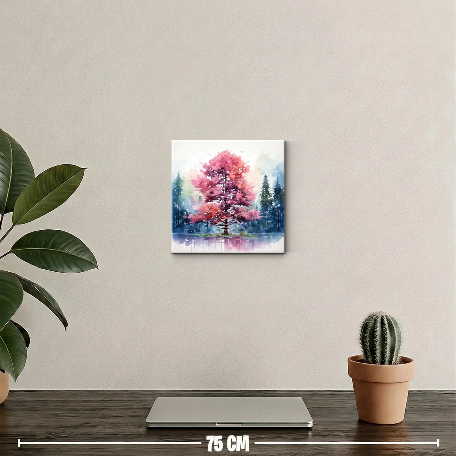 Árbol rosa en lago con fondo de pinos azules y verdes — miniatura 2