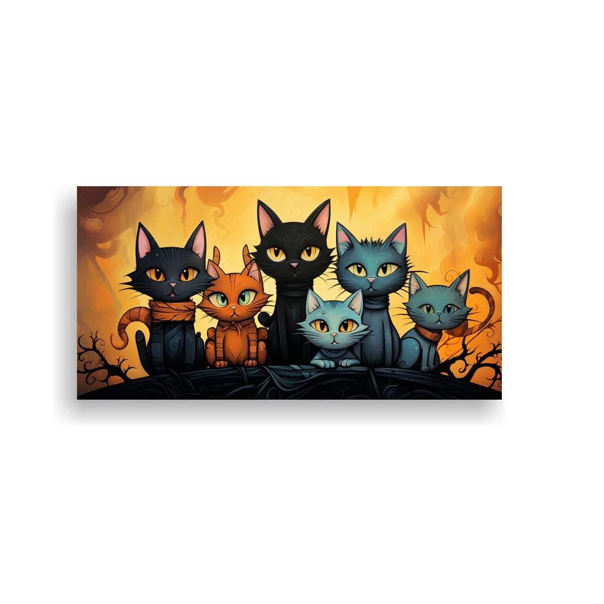 Cuadro grupo de gatos con fondo cálido y ramas retorcidas