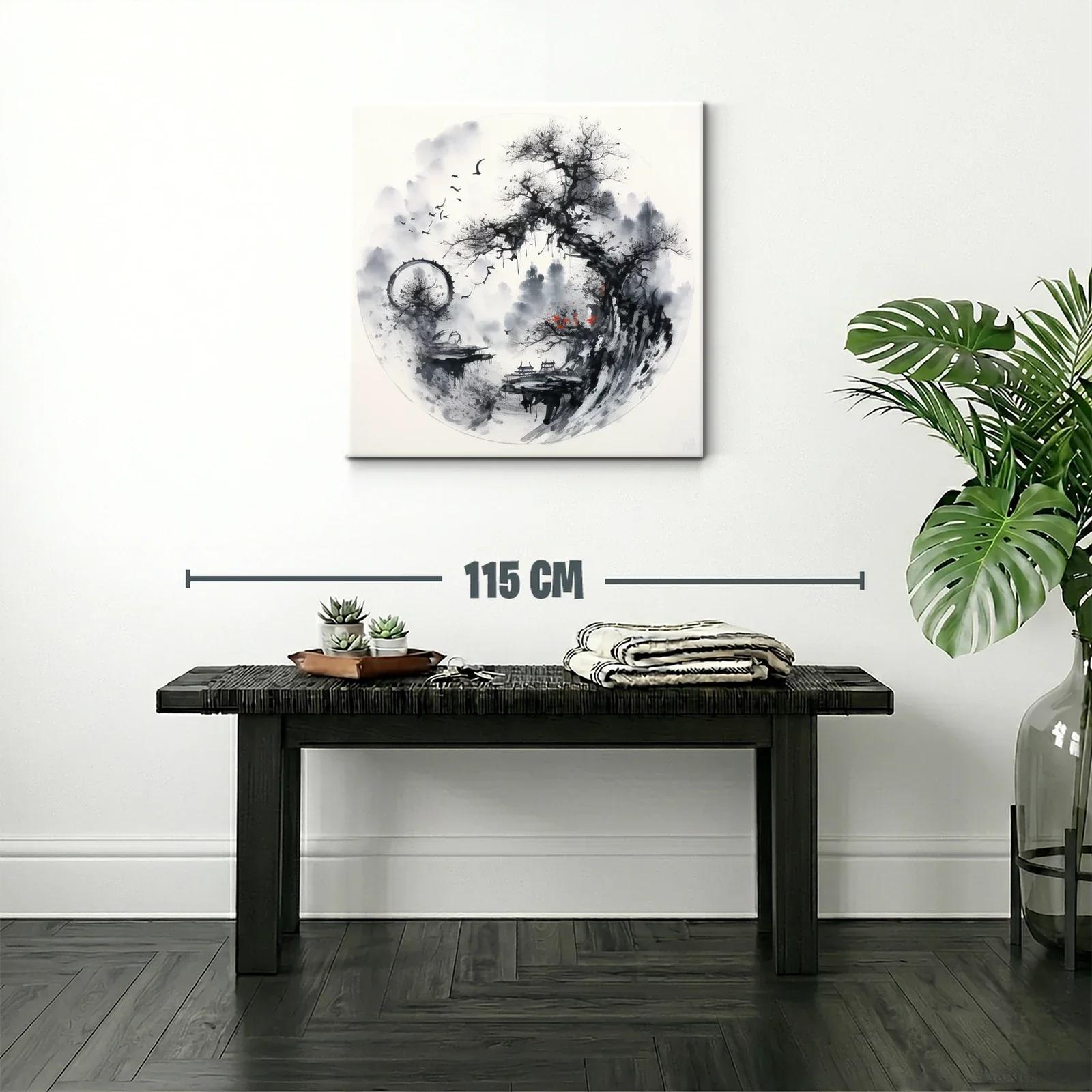Paisaje asiático con árbol y aves en tonos monocromos — miniatura 2