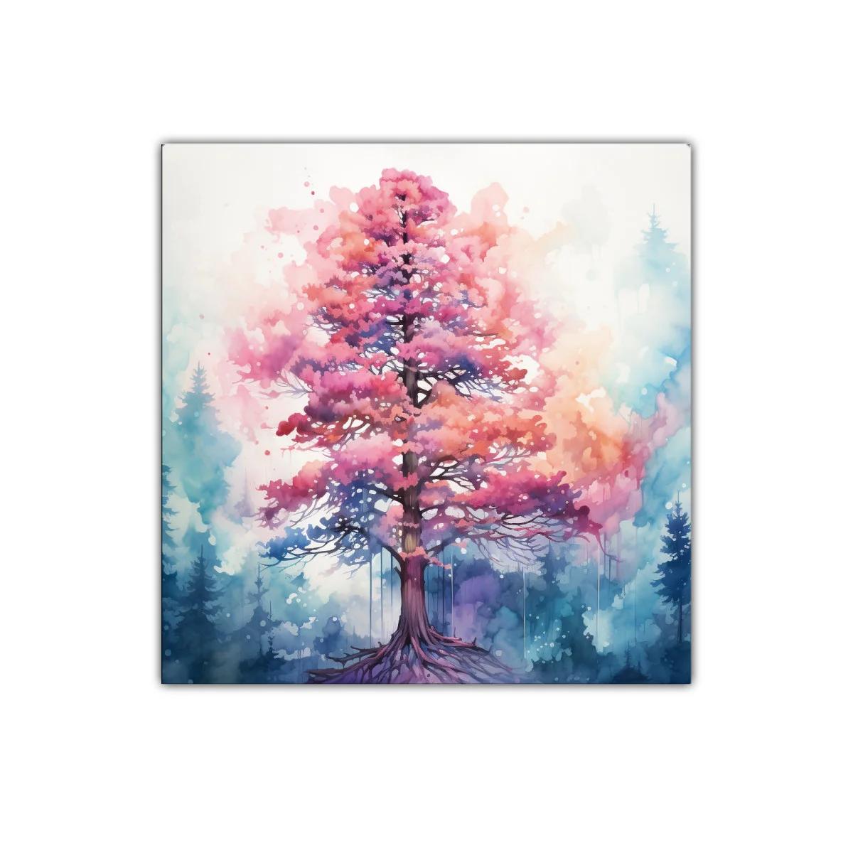 Árbol vibrante en tonos rosas y azules en paisaje onírico