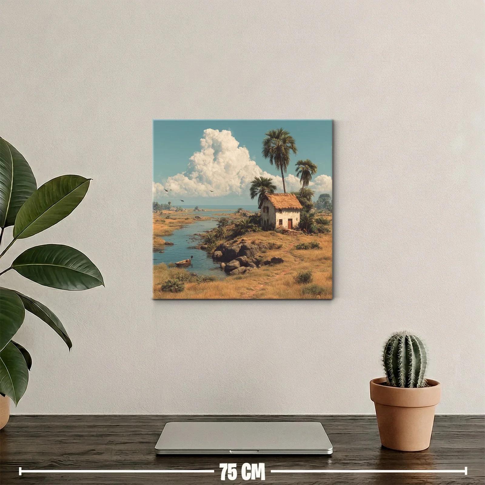 Paisaje rural con casa junto al río y palmeras altas — miniatura 2