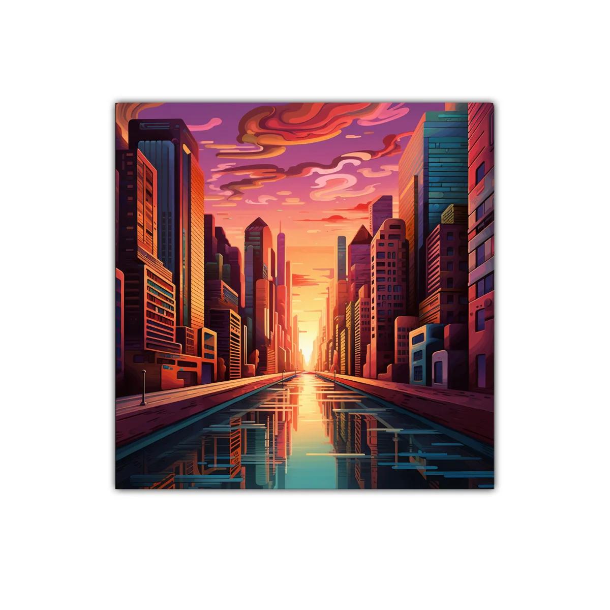 Atardecer urbano con reflejos de luz dorada y rosa