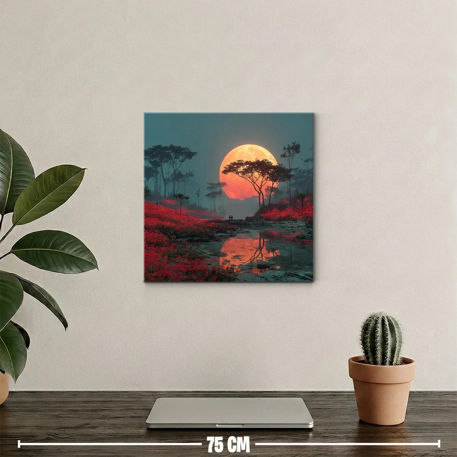 Paisaje nocturno con luna llena y campo rojo vibrante — miniatura 2