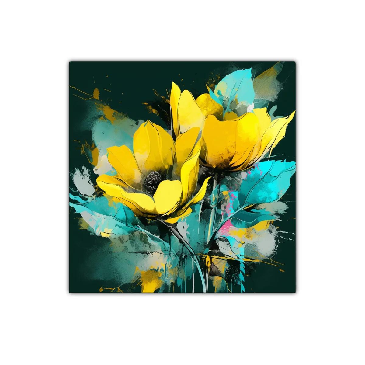 Cuadro decorativo con flores amarillas y hojas turquesas — imagen principal