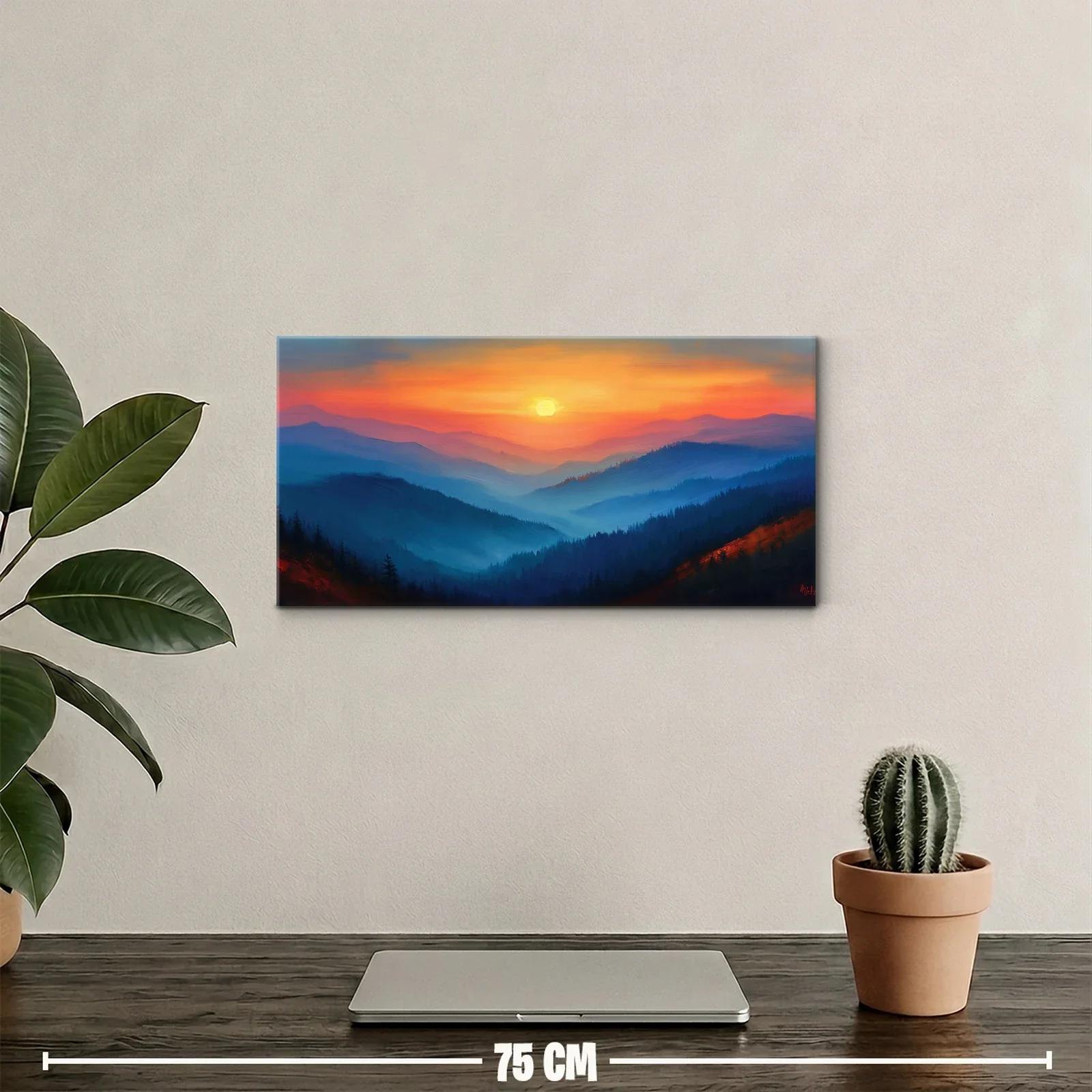 Cuadro atardecer sobre montañas con bruma y pinos — miniatura 2