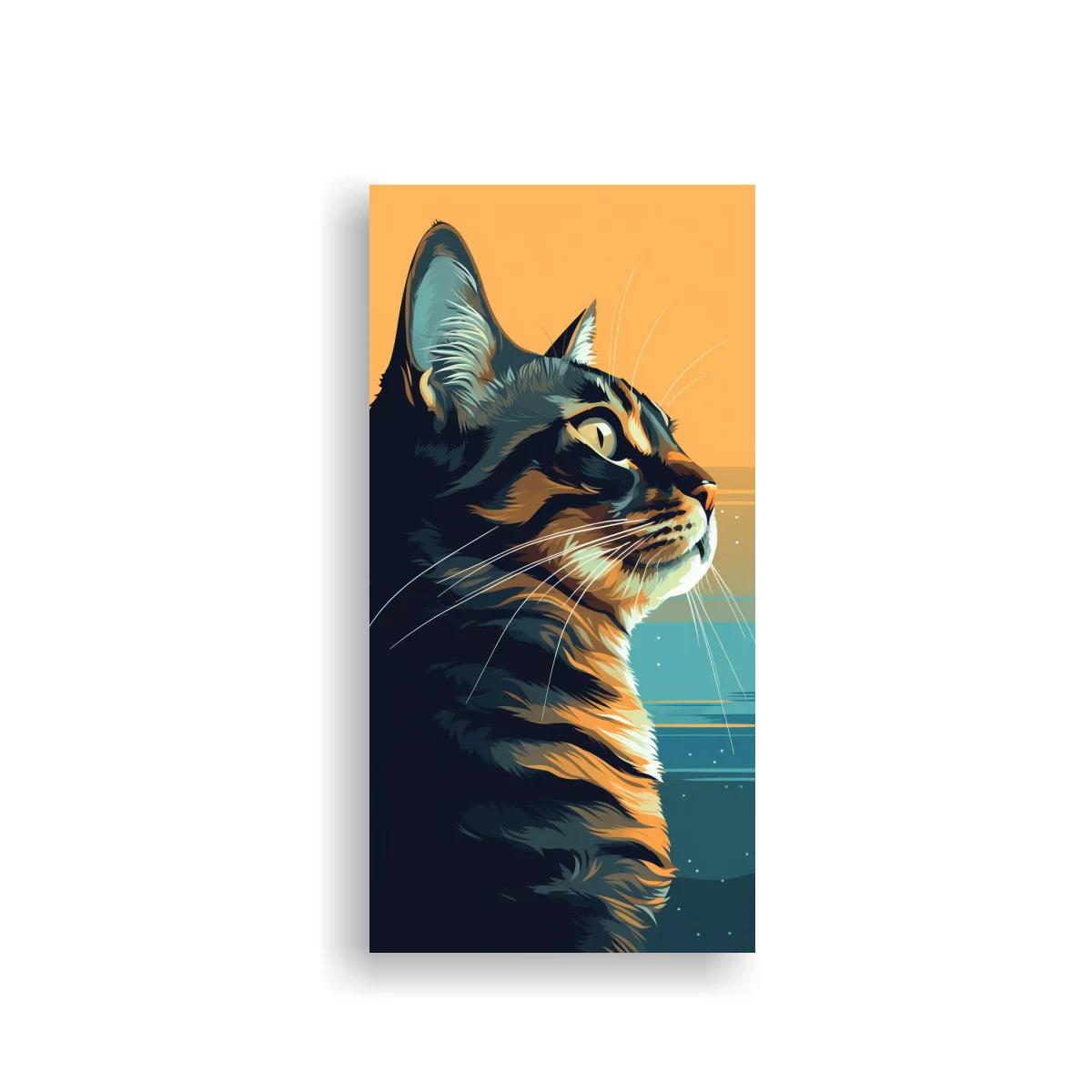 Cuadro gato atigrado de perfil con horizonte marino