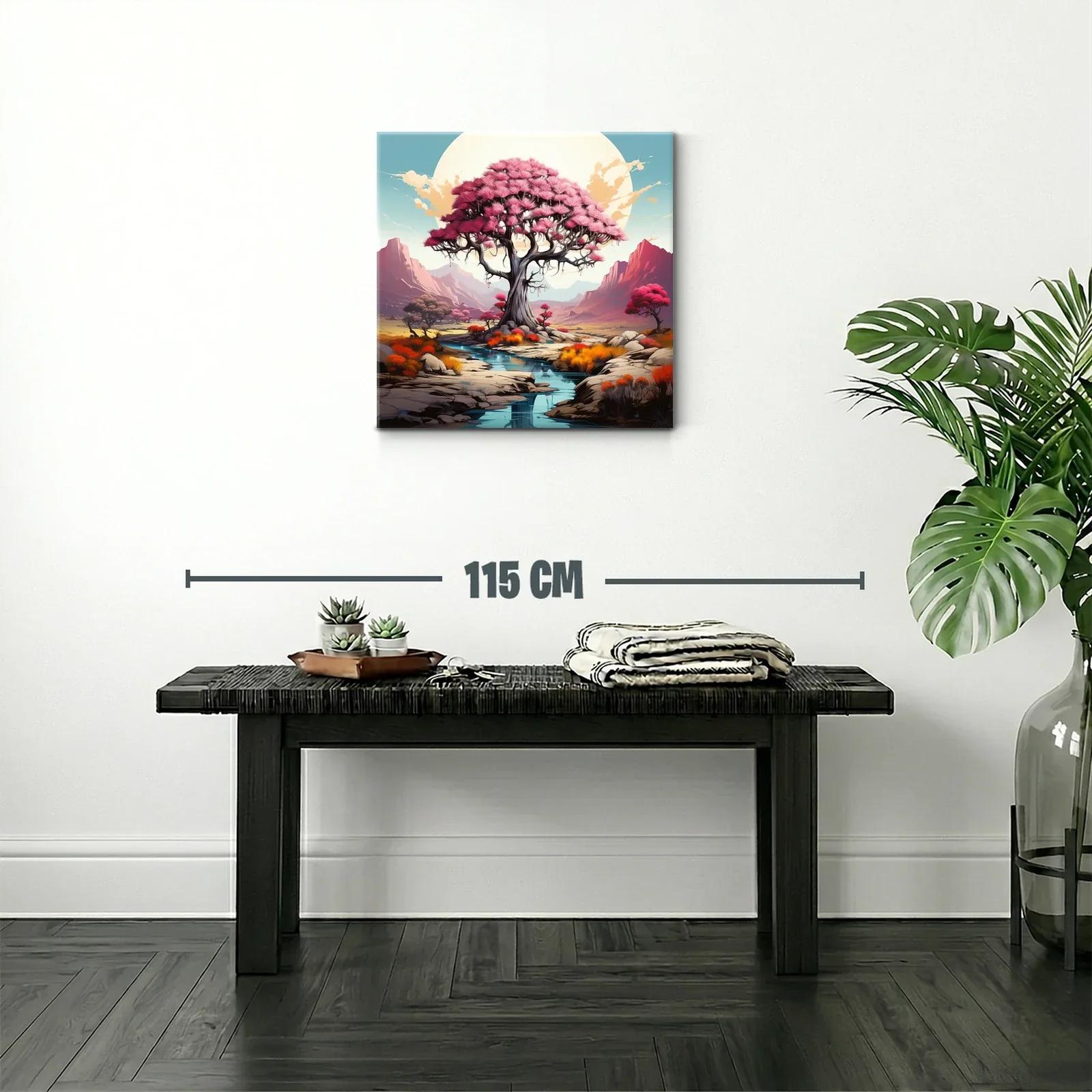 Árbol rosa en paisaje sereno con montañas al fondo — miniatura 2