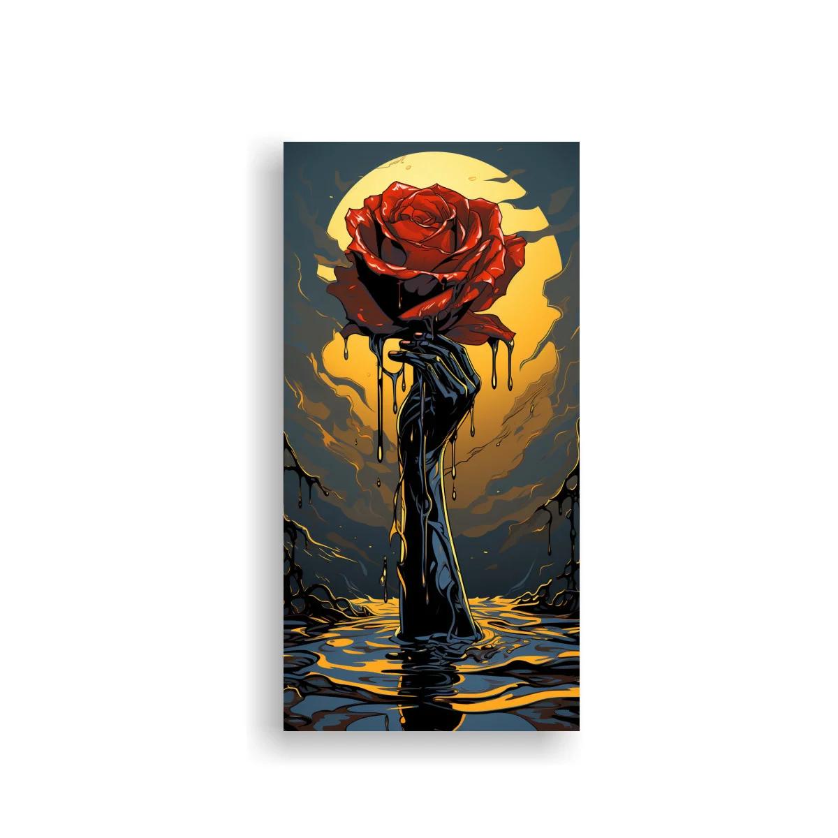 Cuadro rosa roja con mano oscura y disco luminoso