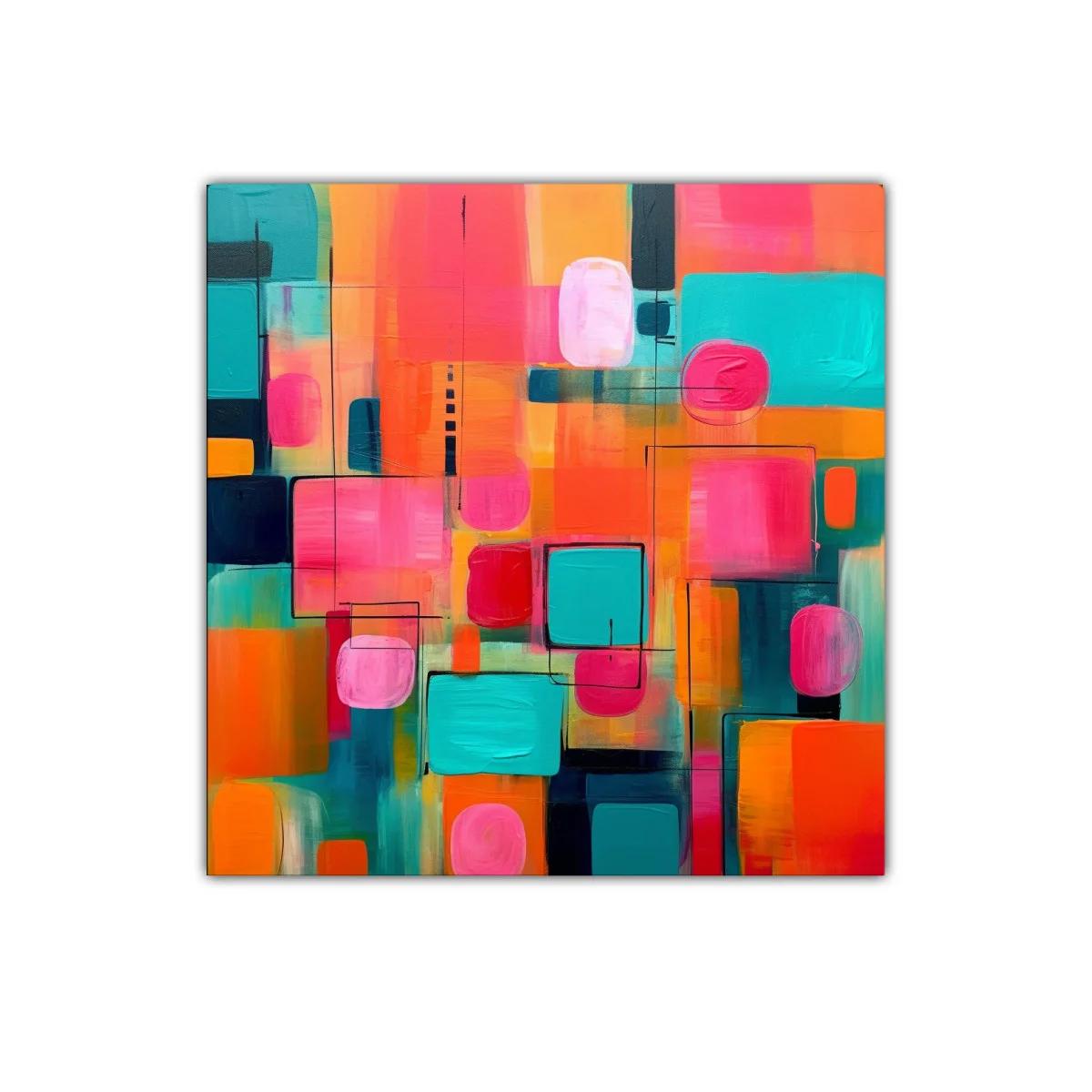Cuadro abstracto vibrante tonos rosa turquesa y naranja