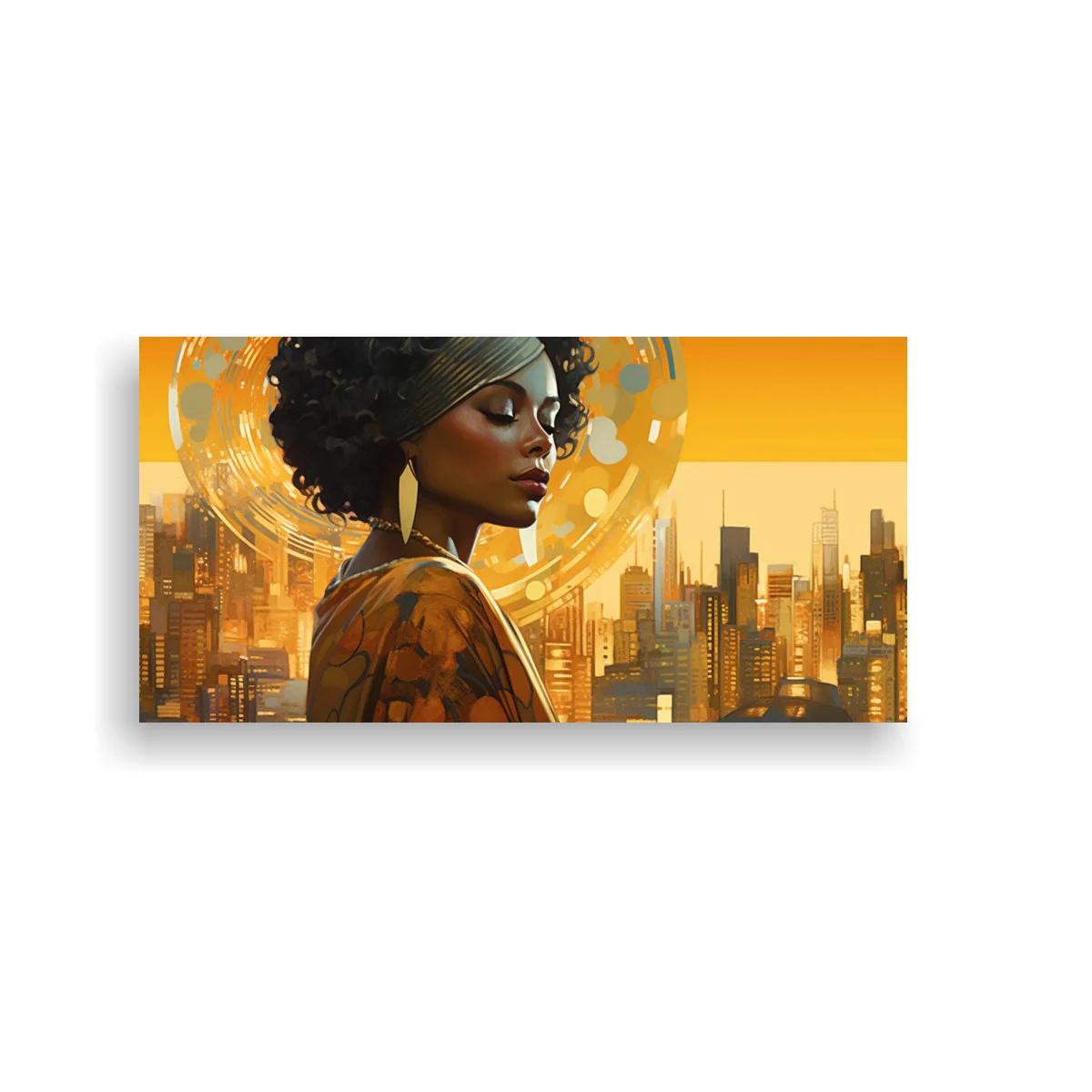 Cuadro mujer afro con halo dorado y skyline urbano