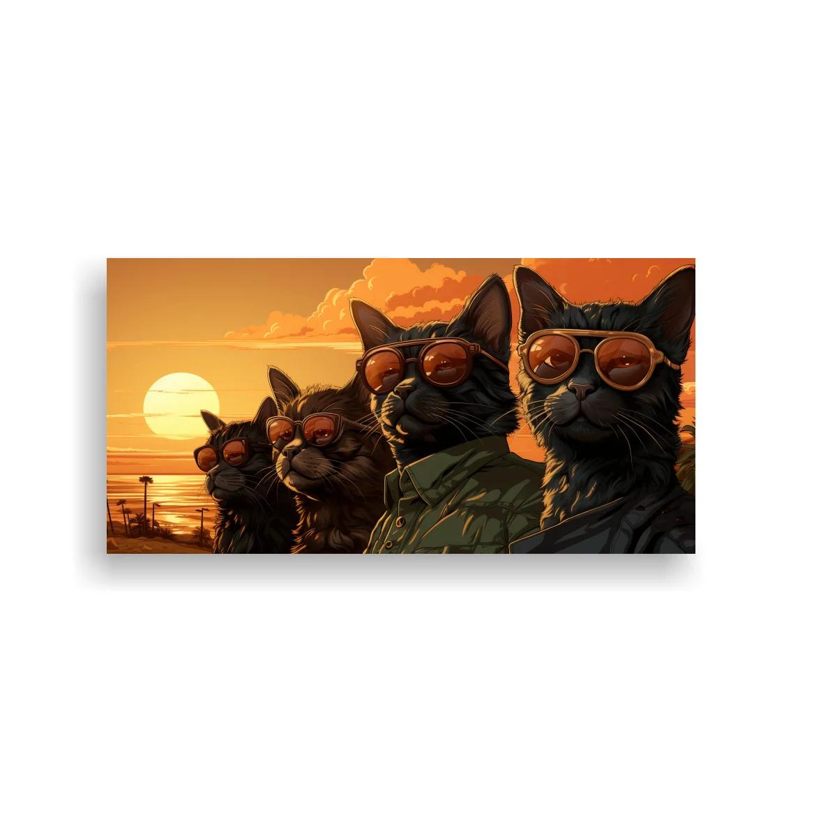 Cuadro gatos con gafas de sol frente al mar al atardecer