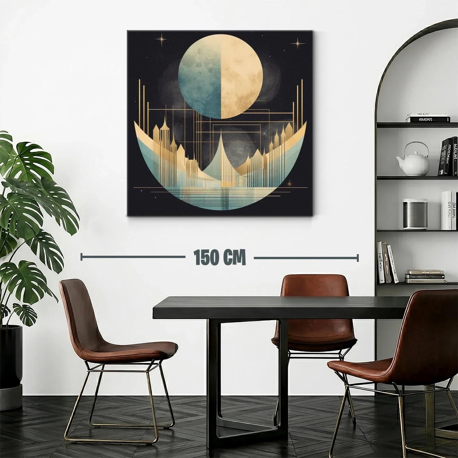 Cuadro abstracto con luna y ciudad futurista en tonos dorados — miniatura 2