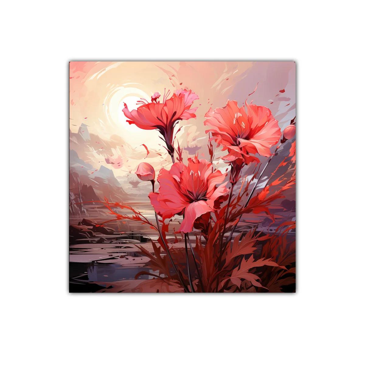Cuadro floral con vibrantes tonos rojos y atardecer suave — imagen principal