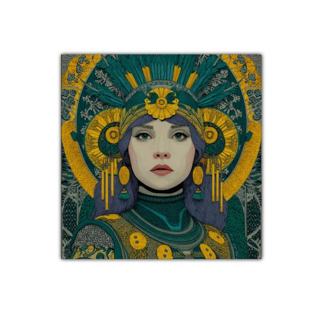 Retrato femenino con detalles ornamentales en tonos verdes y amarillos