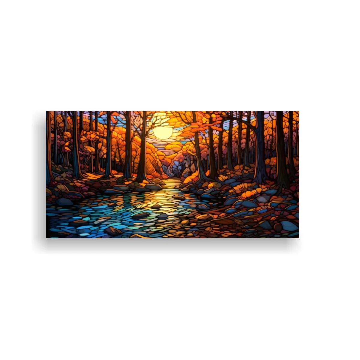 Cuadro bosque otoñal con arroyo sinuoso y sol brillante