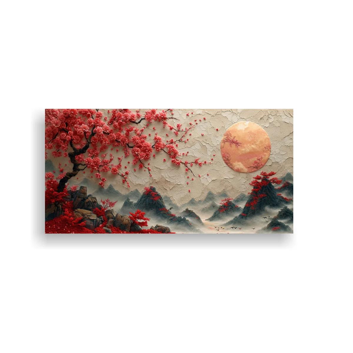 Cuadro paisaje con cerezos en flor y sol rojizo