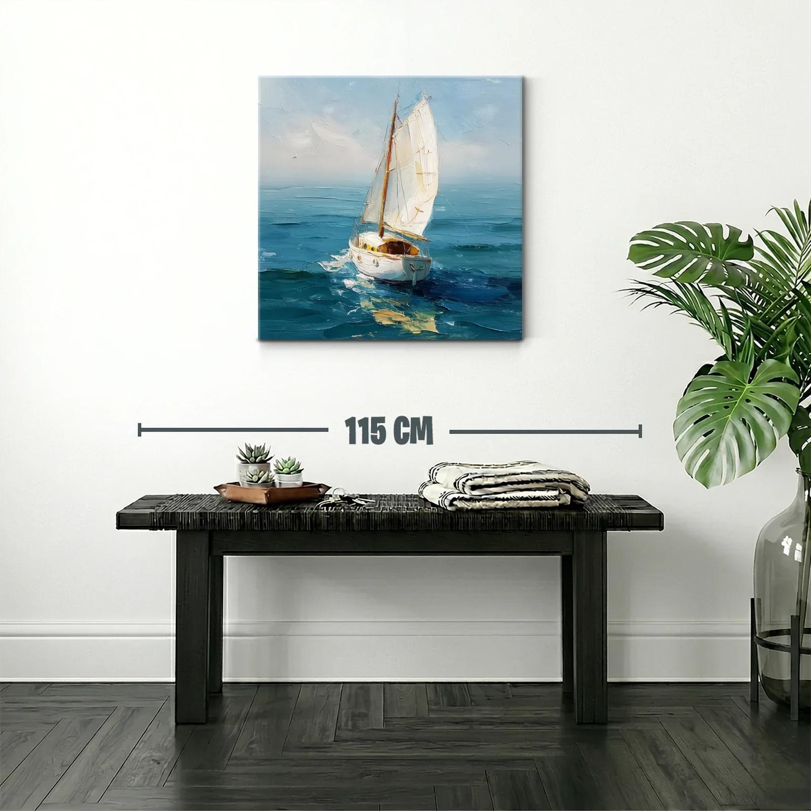 Vela blanca surcando el mar en tonos azules y celestes — miniatura 2