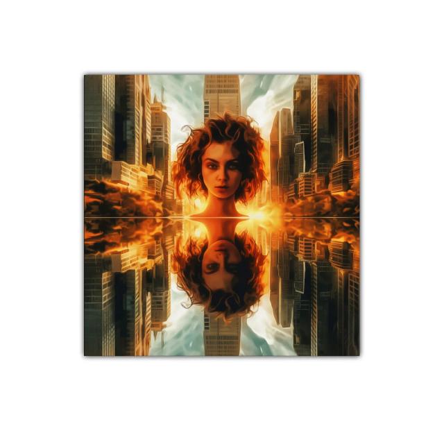 Mujer reflejada en ciudad al atardecer vibrante