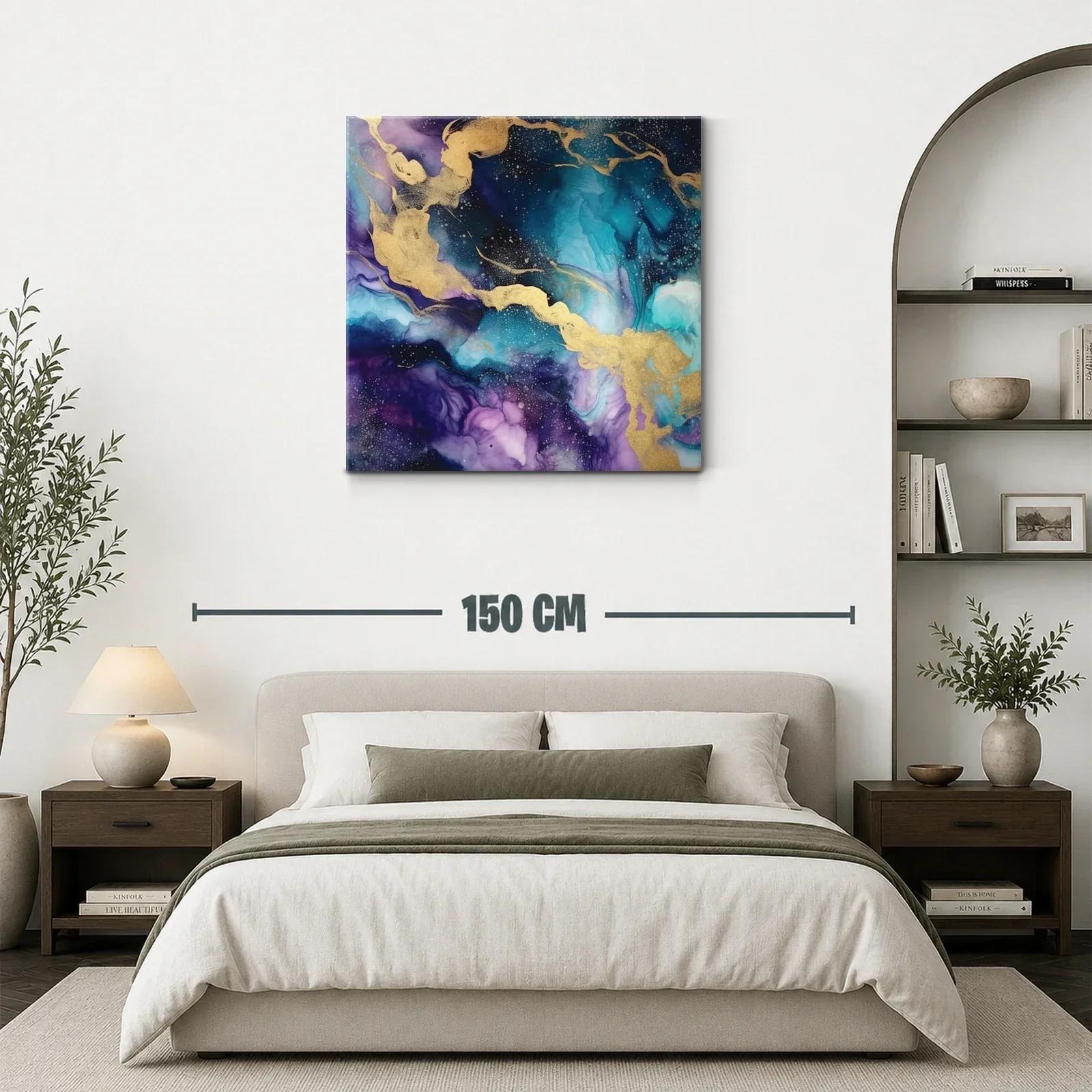 Cuadro abstracto con tonos azulados y dorados vibrantes — miniatura 3