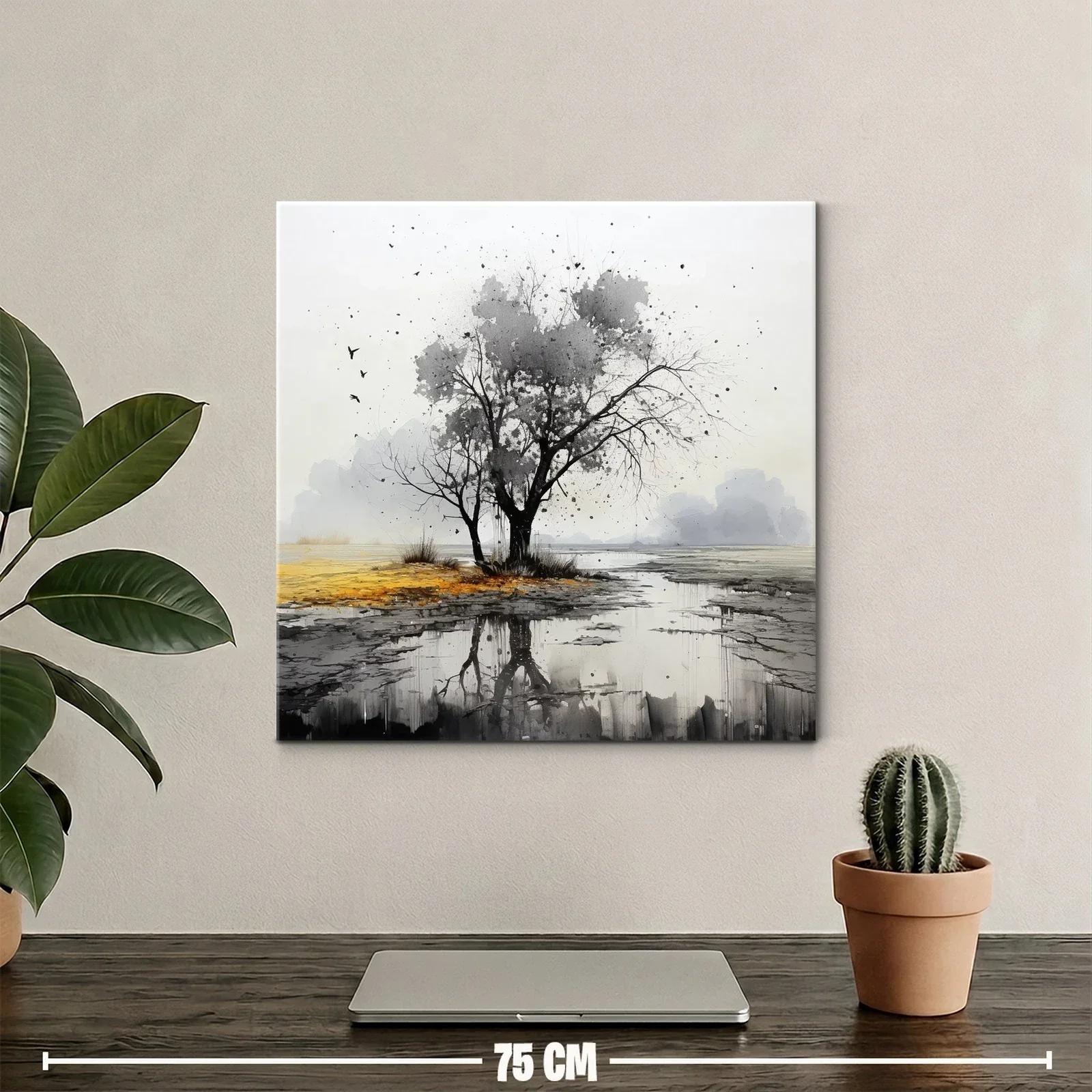 Paisaje sereno con árbol y reflejo en tonos neutros — miniatura 2