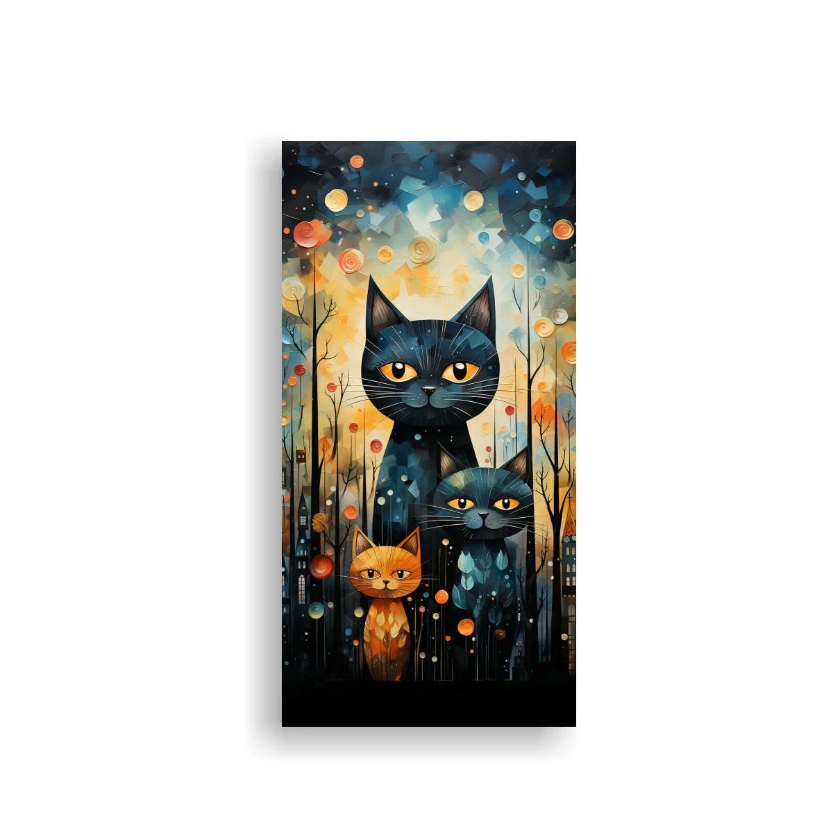 Cuadro gato negro con dos gatitos entre flores redondas — imagen principal