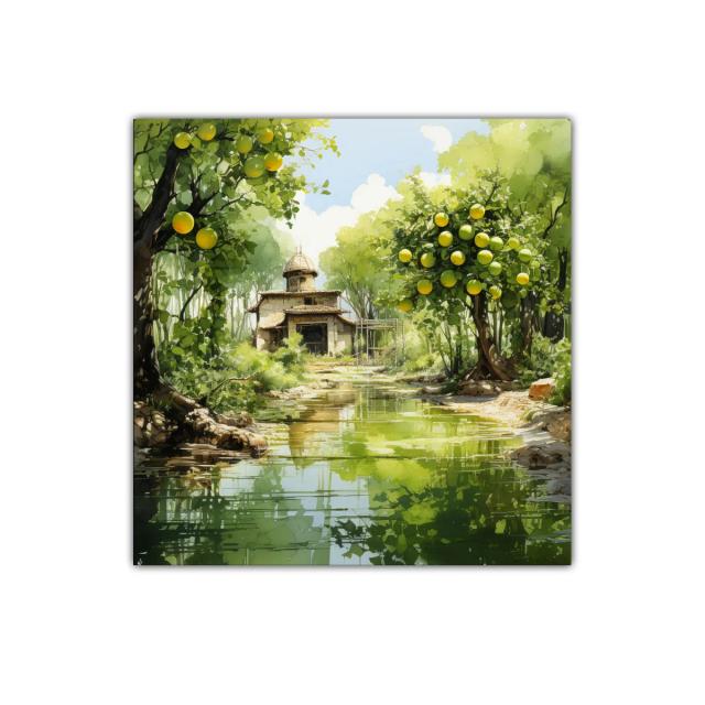 Paisaje sereno con casa y árboles frutales junto al río