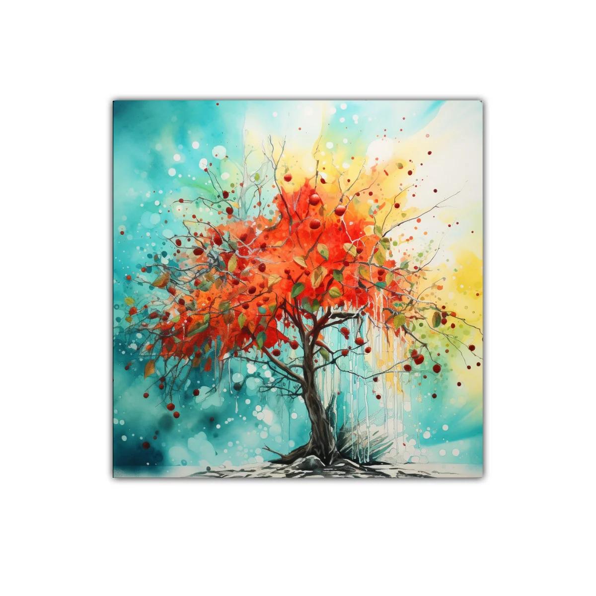 Árbol vibrante con hojas rojas en fondo azul y amarillo — imagen principal