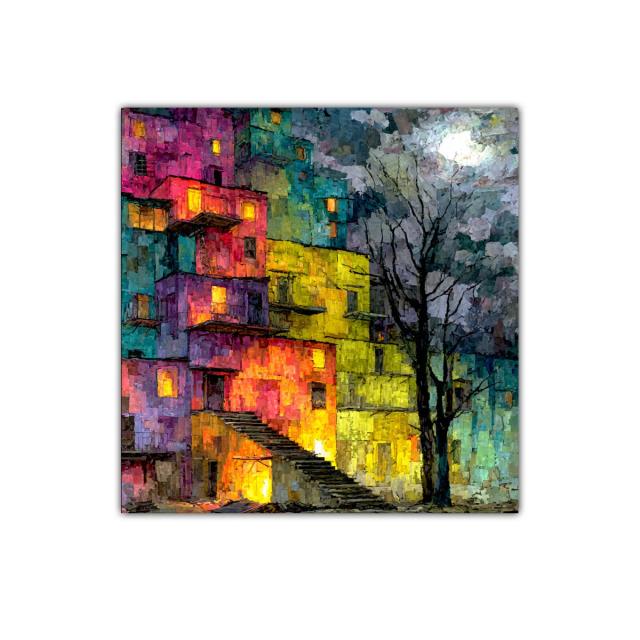 Ciudad nocturna vibrante con colores intensos y árbol solitario