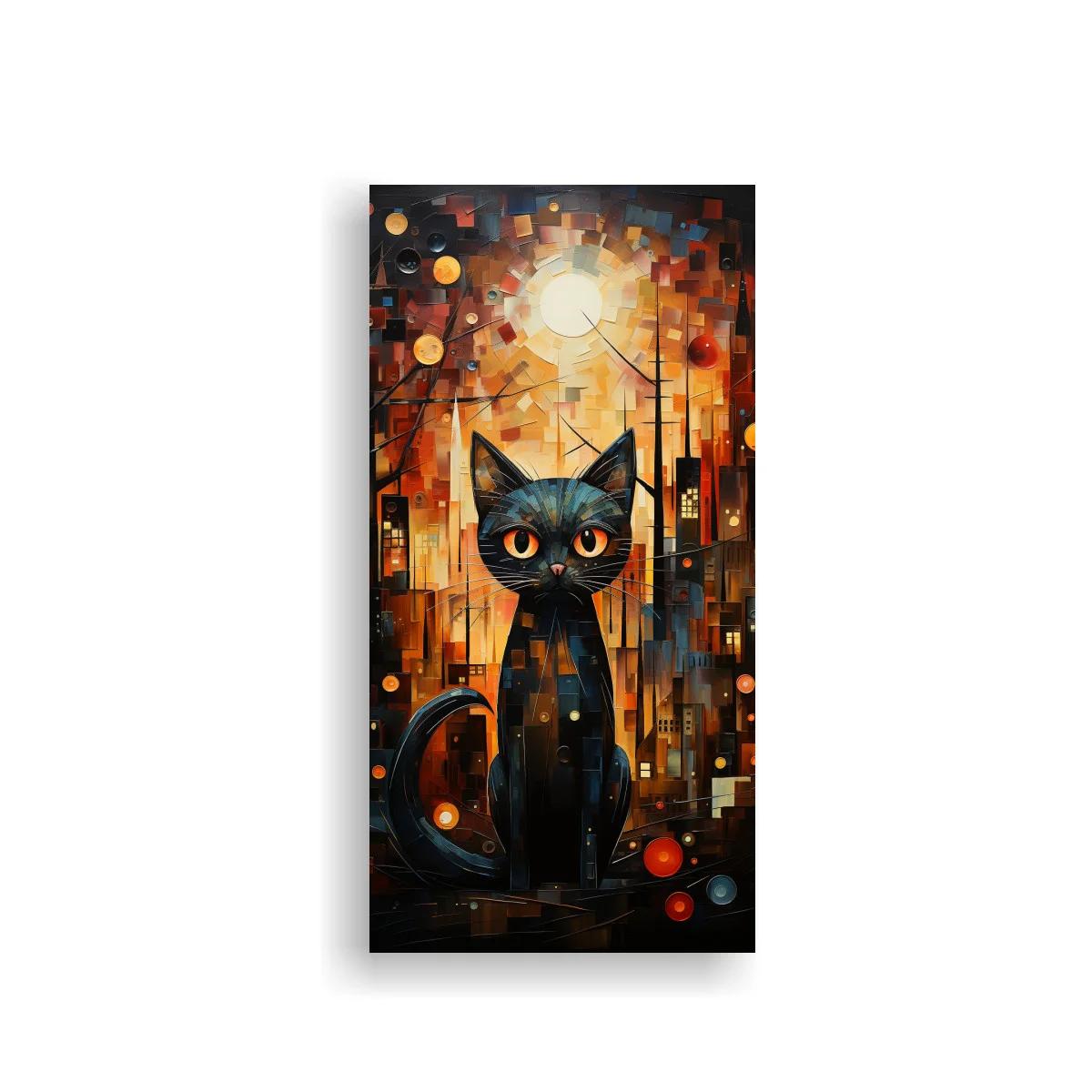 Cuadro gato negro de ojos naranjas con disco luminoso