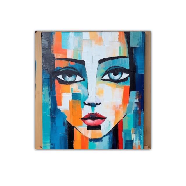 Rostro femenino vibrante con tonos azul y naranja