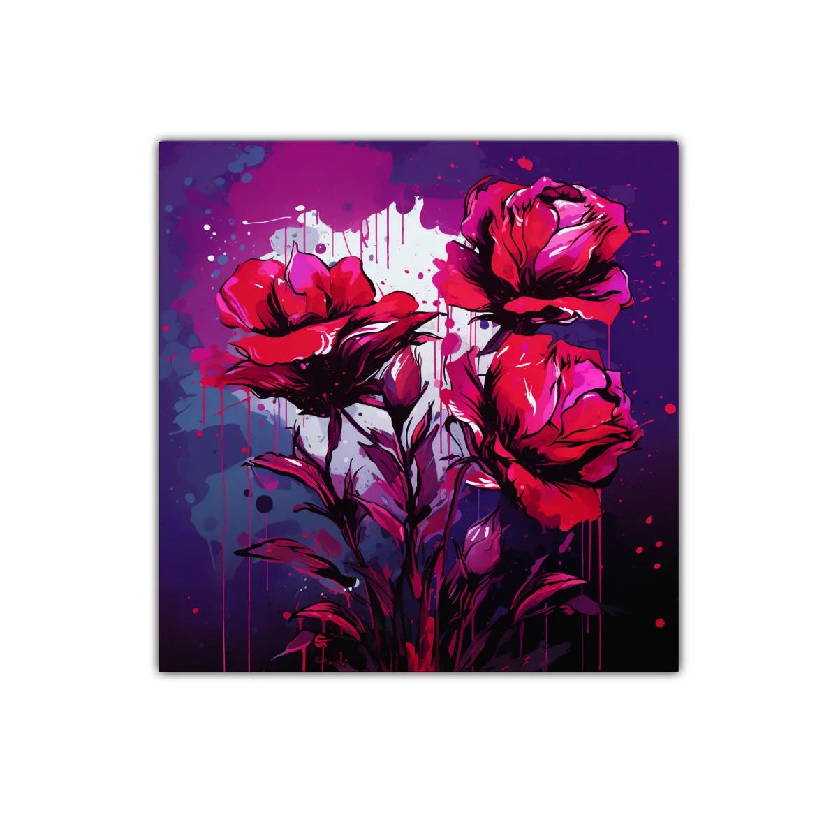 Cuadro con rosas en tonos intensos y fondo violeta — imagen principal