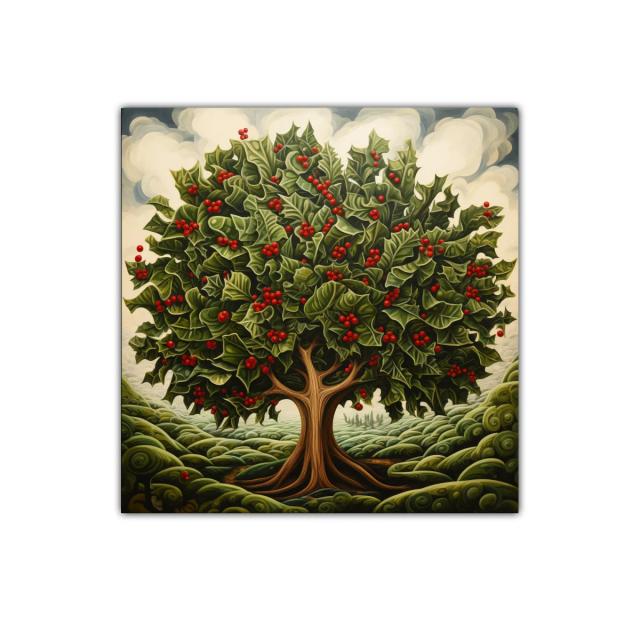 Árbol frondoso con hojas verdes y frutos rojos vibrantes