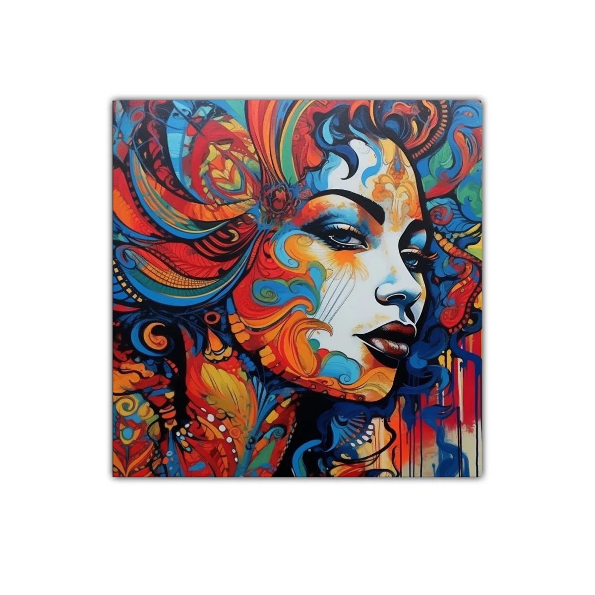 Retrato femenino con explosión de colores vibrantes y detalles fluidos