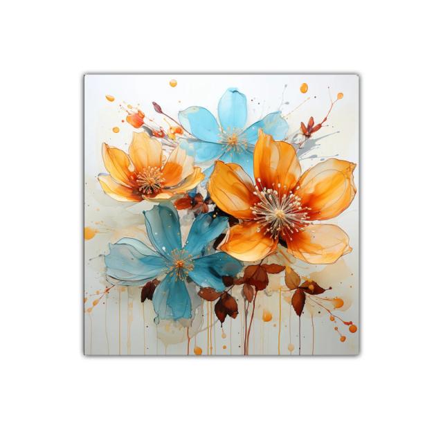 Cuadro decorativo flores vibrantes en tonos naranjas y azules