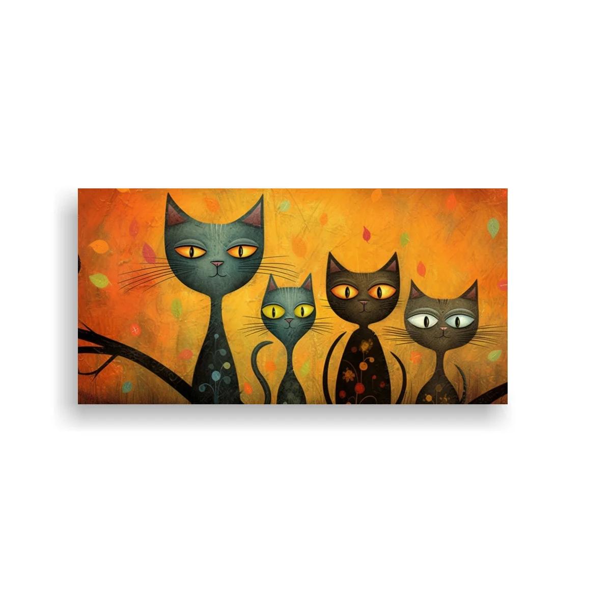Cuadro cuatro gatos negros con ramas curvas