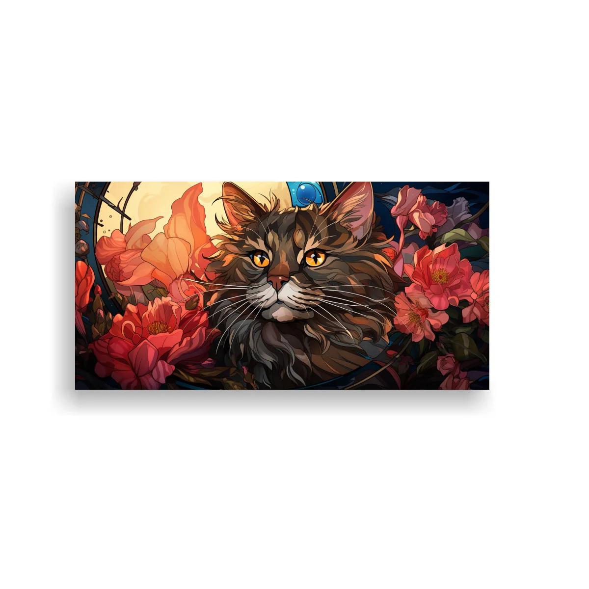 Cuadro gato de pelo largo atigrado entre flores