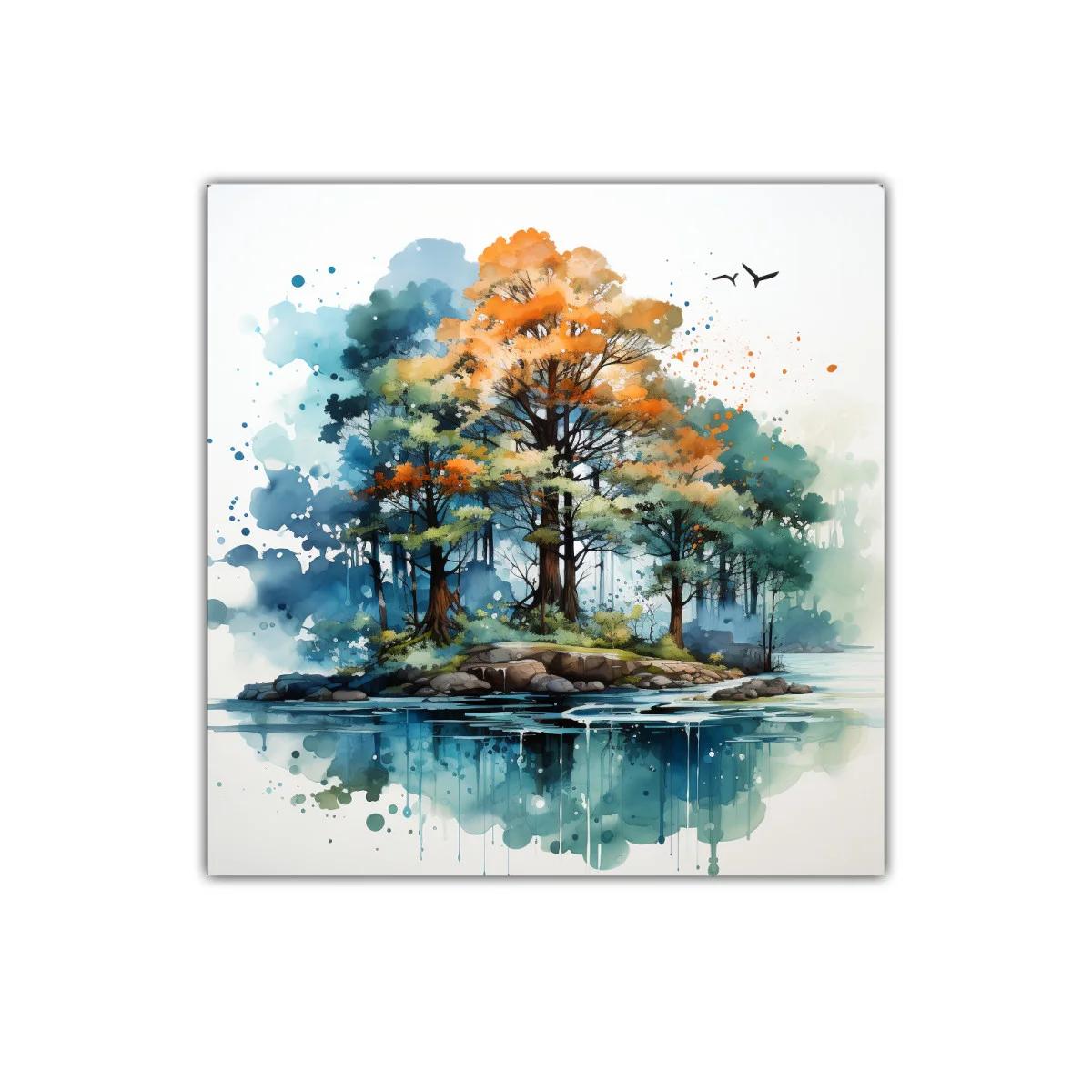 Bosque encantado con colores otoñales y reflejos en agua — imagen principal