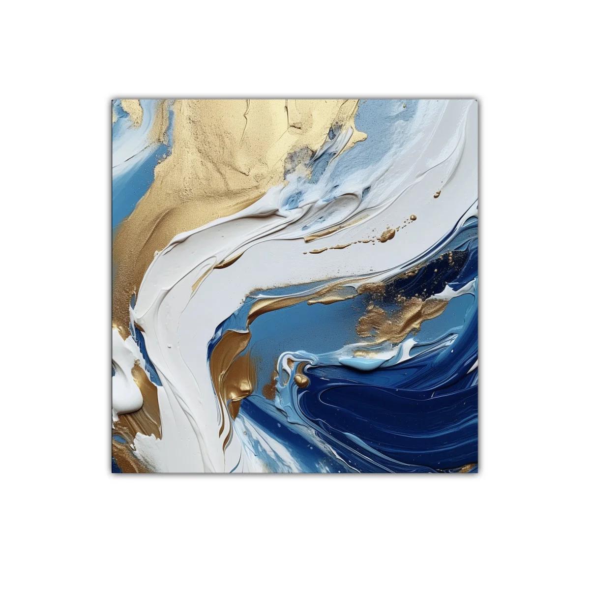 Cuadro abstracto con tonos dorados y azules en movimiento