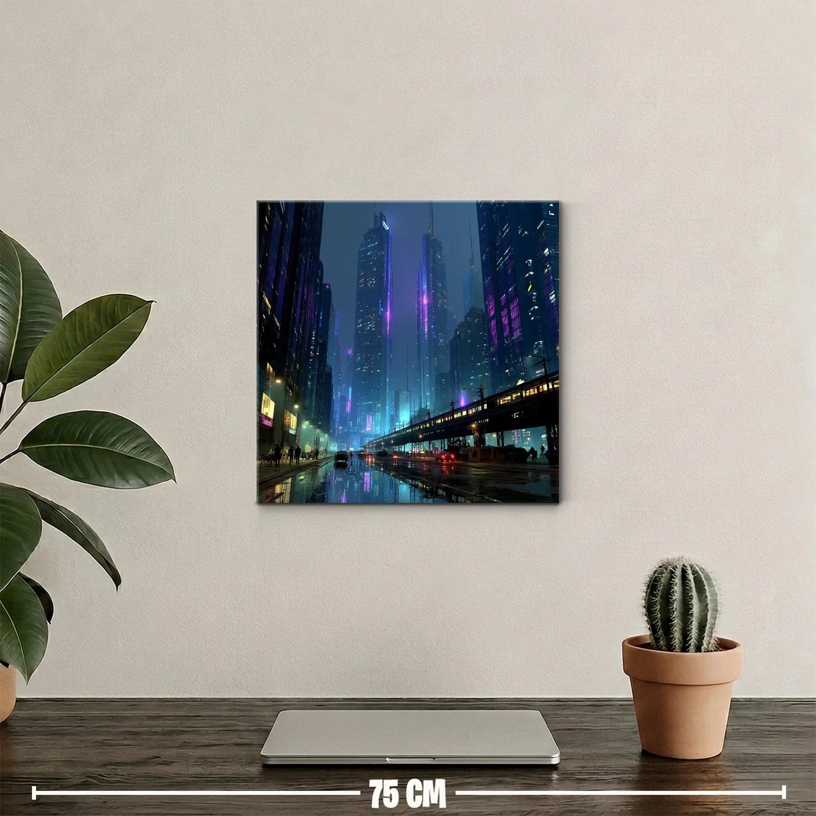 Ciudad nocturna futurista con luces de neón y reflejos urbanos — miniatura 2