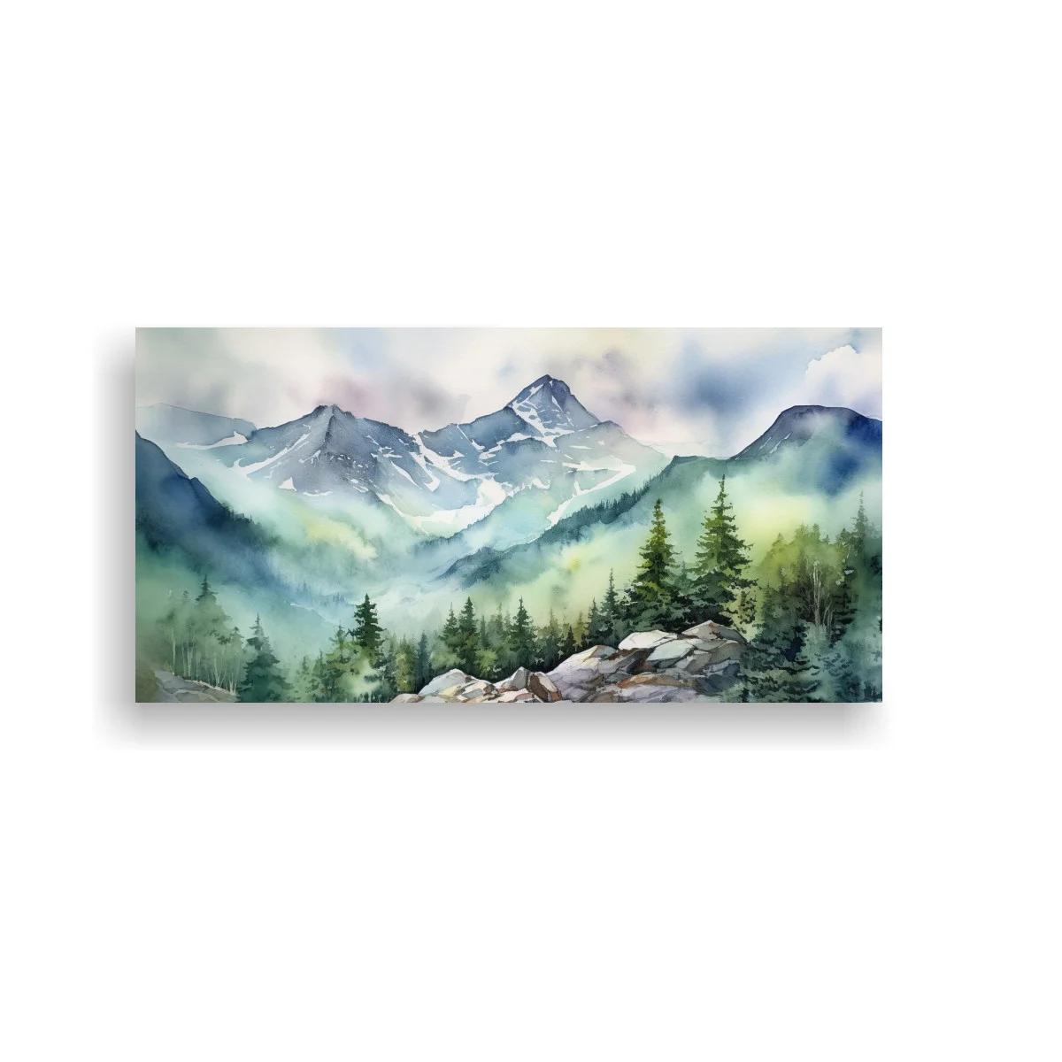 Cuadro paisaje de montañas con pinos y bruma
