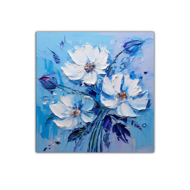 Cuadro floral con flores blancas y tonos azules vibrantes